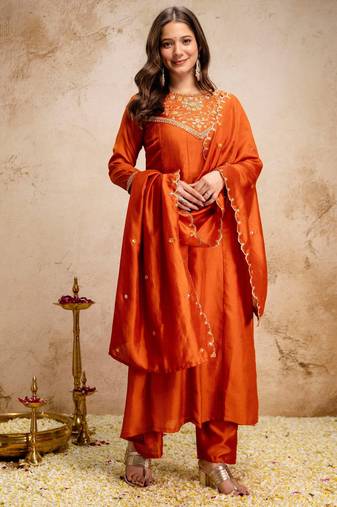 Orange silk blend embroidered   sequins free size suit