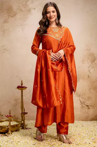 Orange silk blend embroidered   sequins free size suit