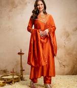 Orange silk blend embroidered   sequins free size suit