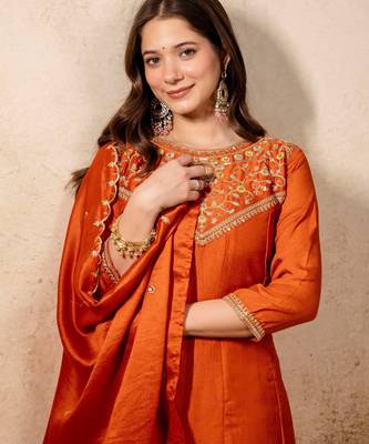 Orange silk blend embroidered   sequins free size suit 2