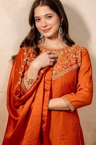 Orange silk blend embroidered   sequins free size suit