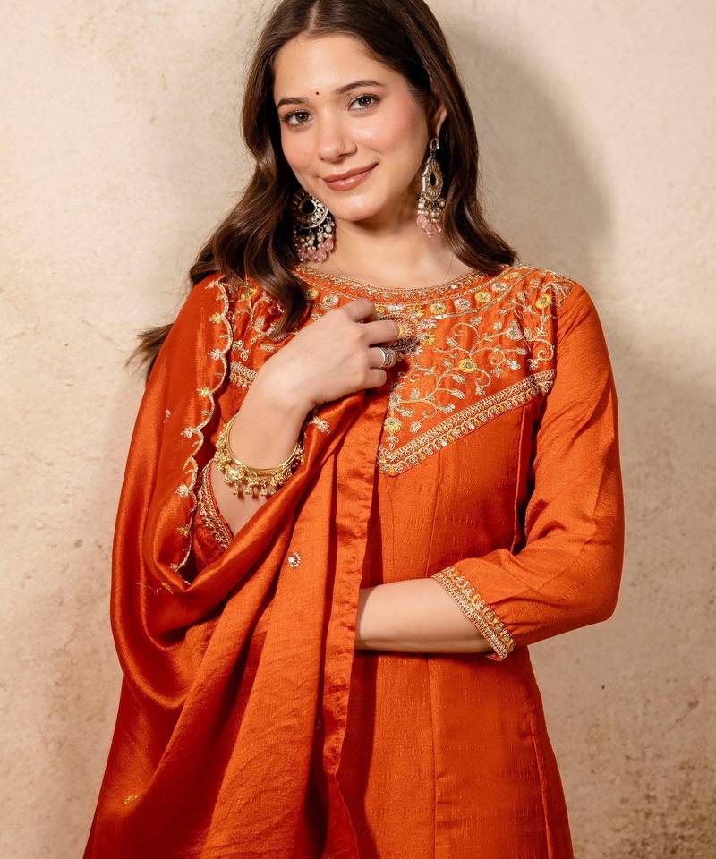 Orange silk blend embroidered   sequins free size suit