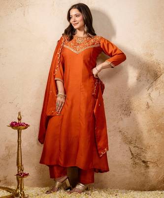 Orange silk blend embroidered   sequins free size suit 3