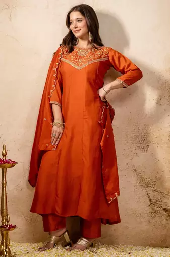 Orange silk blend embroidered   sequins free size suit