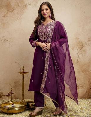 Purple silk blend embroidered free size suit 1