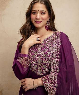 Purple silk blend embroidered free size suit 2