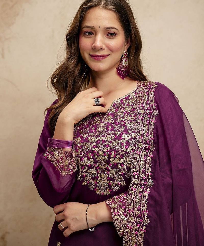 Purple silk blend embroidered free size suit