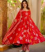Red blended cotton printed free size suit