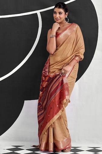 light orange cotton blend woven pallu casul wear saree