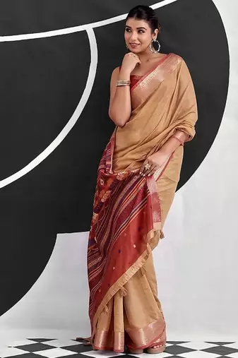 light orange cotton blend woven pallu casul wear saree