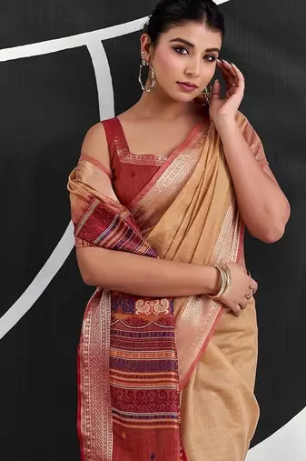light orange cotton blend woven pallu casul wear saree