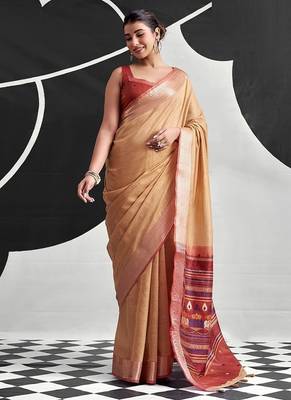 light orange cotton blend woven pallu casul wear saree 3