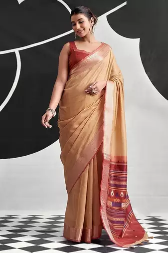 light orange cotton blend woven pallu casul wear saree