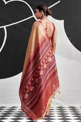 light orange cotton blend woven pallu casul wear saree