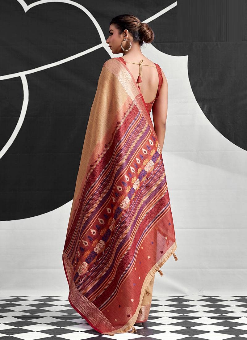 light orange cotton blend woven pallu casul wear saree