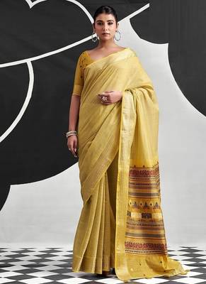 mustard cotton blend woven pallu casul wear saree 1