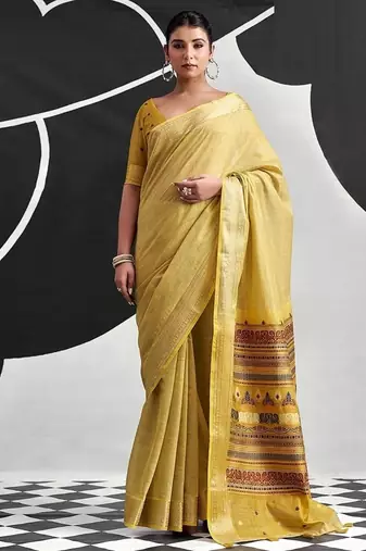 mustard cotton blend woven pallu casul wear saree