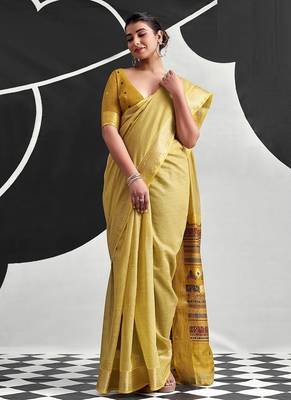 mustard cotton blend woven pallu casul wear saree 2