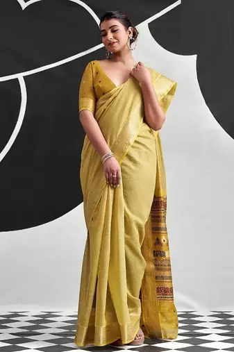 mustard cotton blend woven pallu casul wear saree