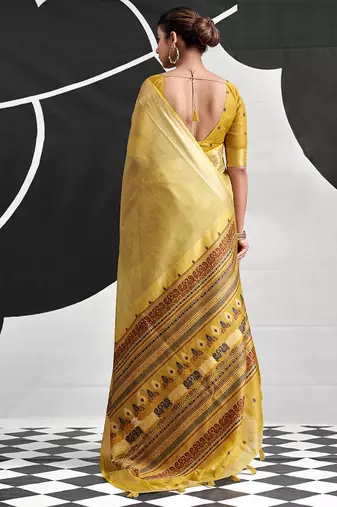 mustard cotton blend woven pallu casul wear saree