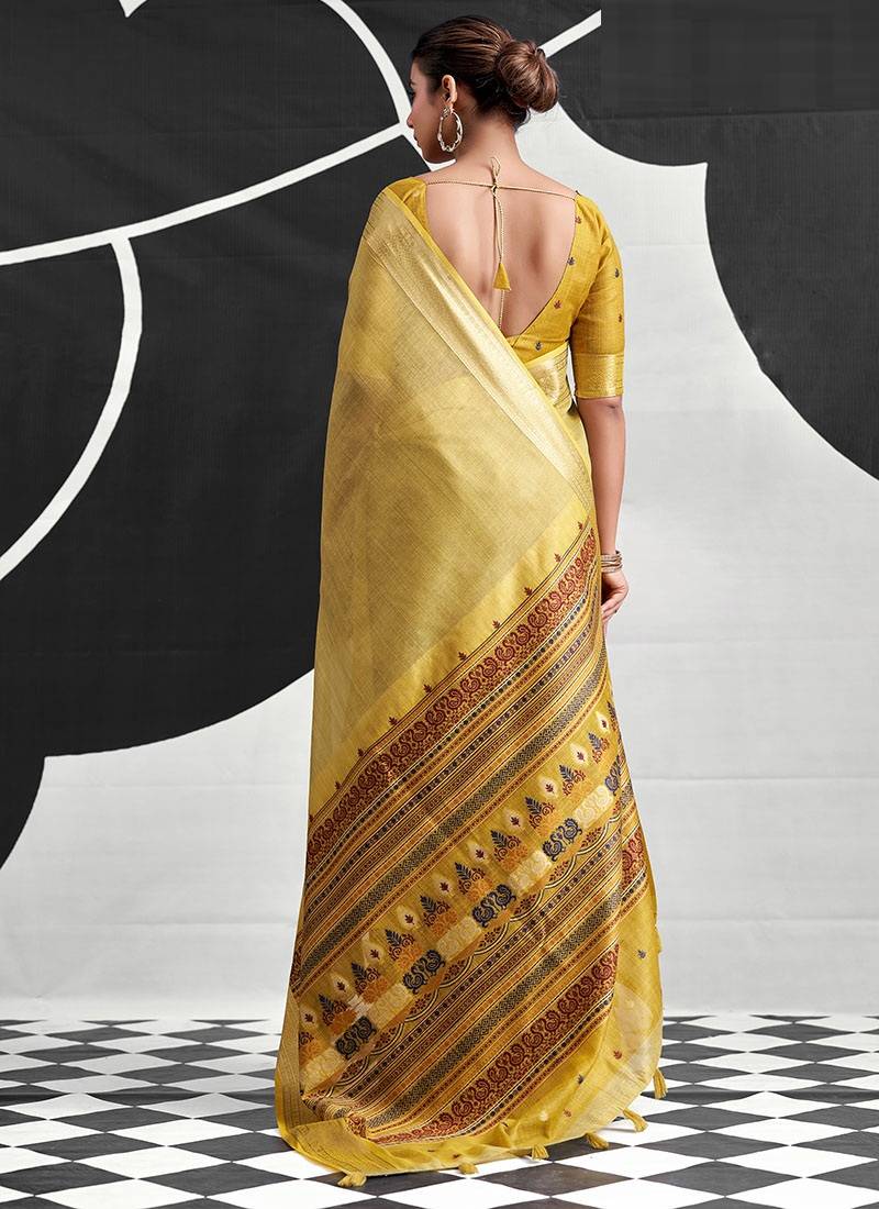 mustard cotton blend woven pallu casul wear saree