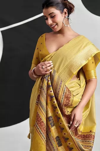 mustard cotton blend woven pallu casul wear saree