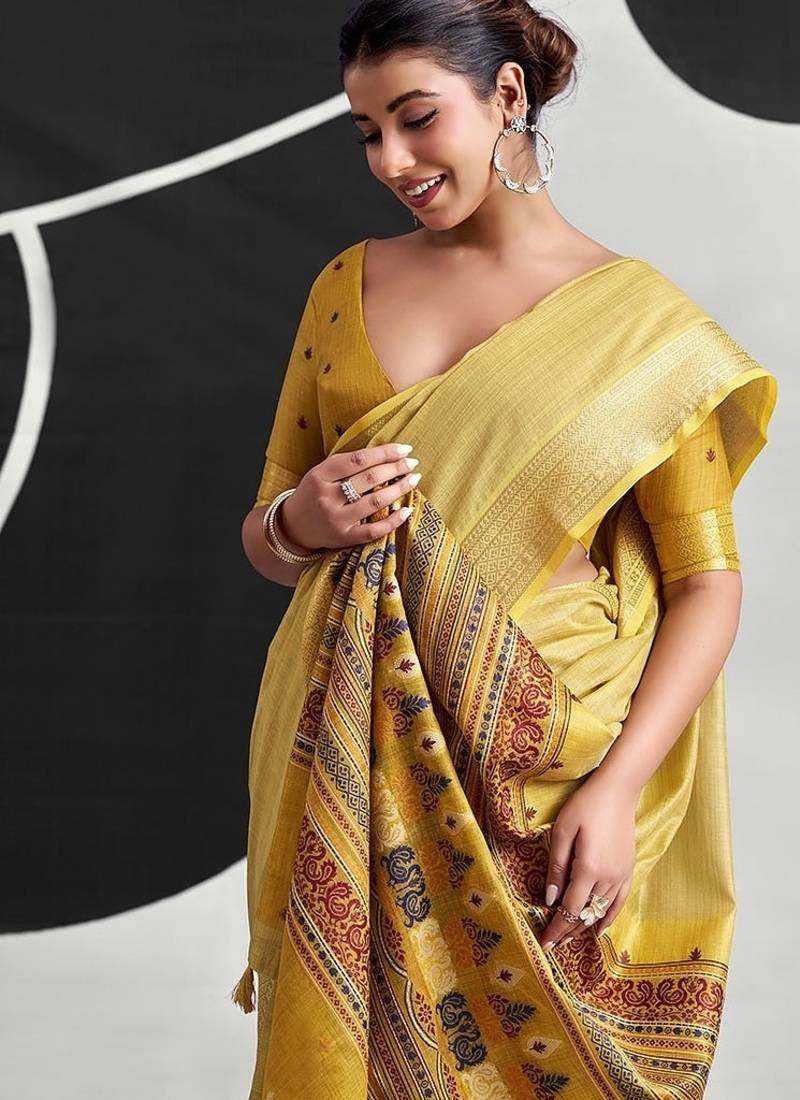 mustard cotton blend woven pallu casul wear saree