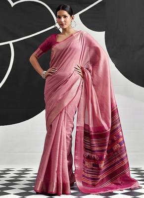 baby pink cotton blend woven pallu casul wear saree 1