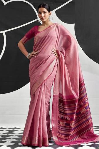 baby pink cotton blend woven pallu casul wear saree