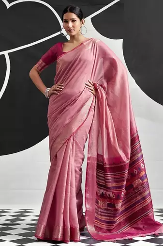 baby pink cotton blend woven pallu casul wear saree