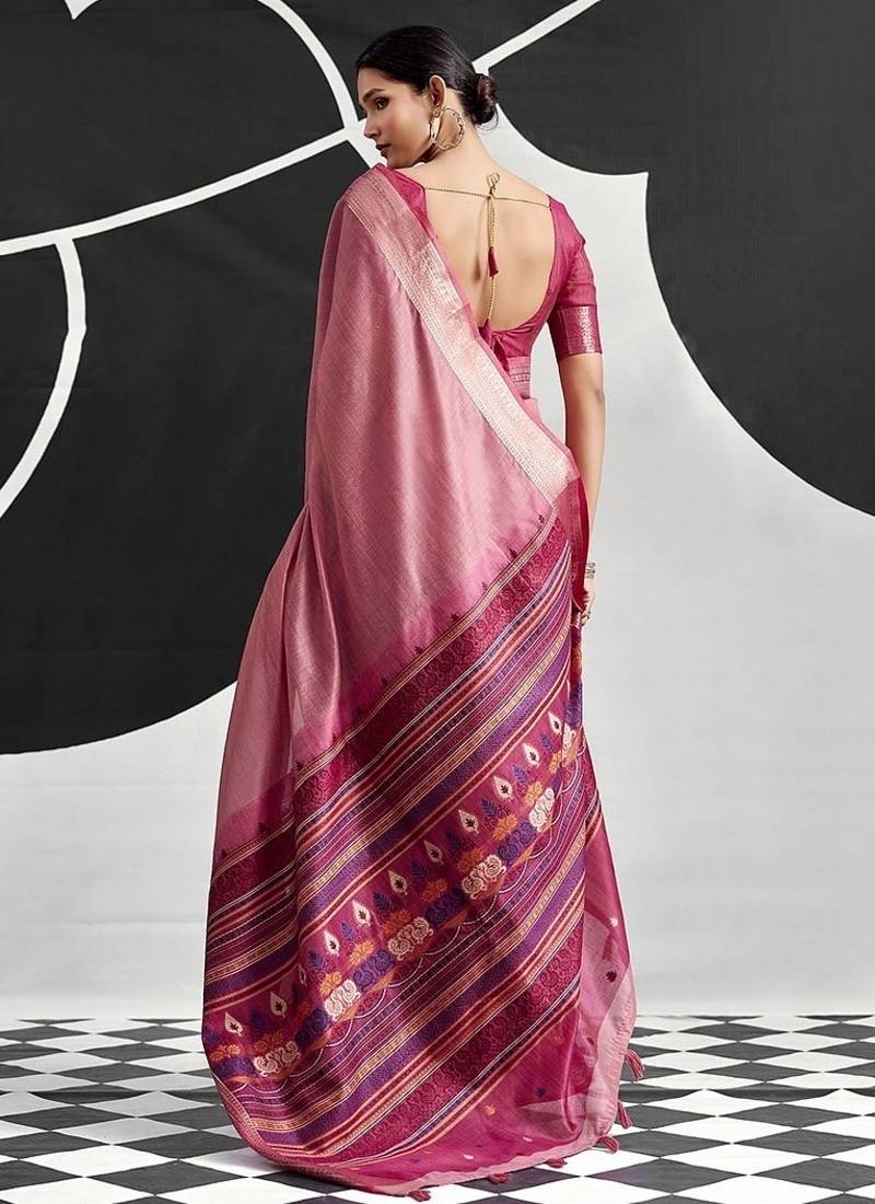 baby pink cotton blend woven pallu casul wear saree