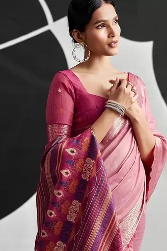 baby pink cotton blend woven pallu casul wear saree