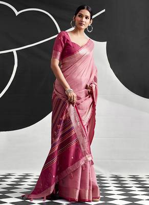 baby pink cotton blend woven pallu casul wear saree 4