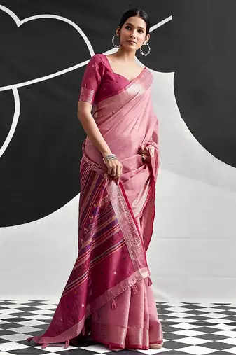 baby pink cotton blend woven pallu casul wear saree