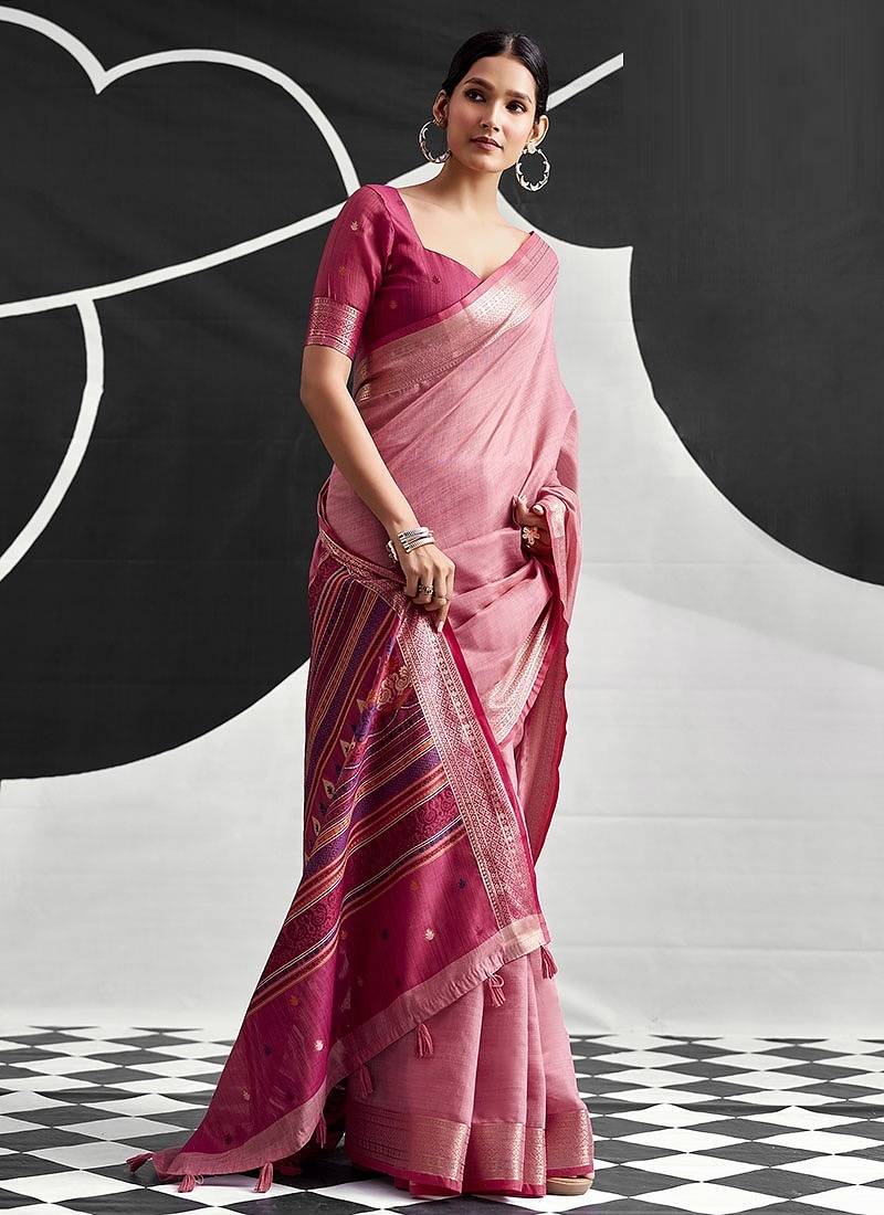 baby pink cotton blend woven pallu casul wear saree