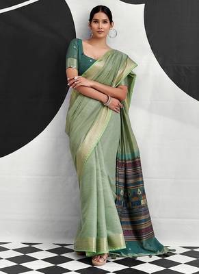 light teal cotton blend woven pallu casul wear saree 1