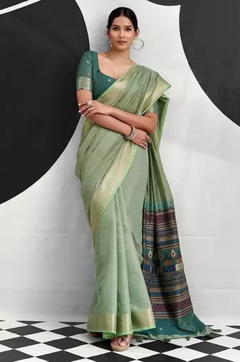 light teal cotton blend woven pallu casul wear saree