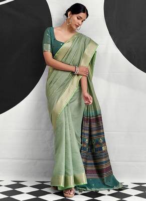 light teal cotton blend woven pallu casul wear saree 2