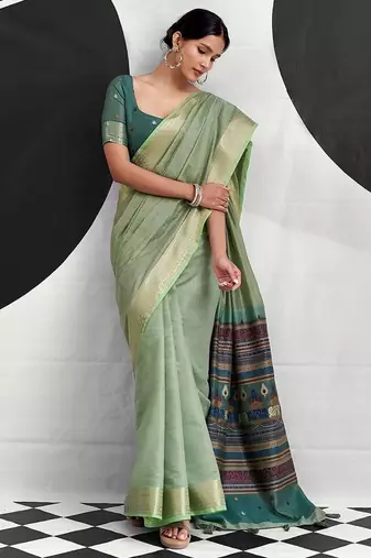 light teal cotton blend woven pallu casul wear saree