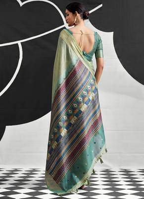 light teal cotton blend woven pallu casul wear saree 3
