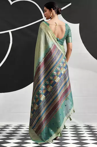 light teal cotton blend woven pallu casul wear saree