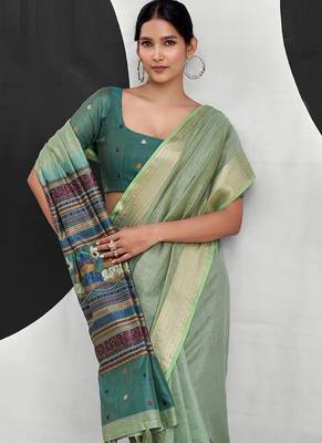 light teal cotton blend woven pallu casul wear saree 4