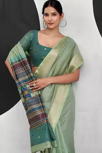 light teal cotton blend woven pallu casul wear saree