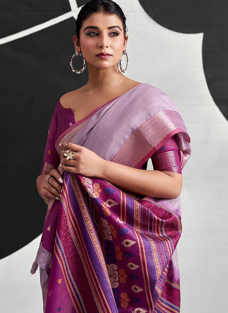 lavender cotton blend woven pallu casul wear saree