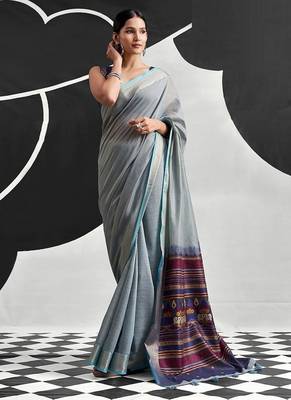 powder blue cotton blend woven pallu casul wear saree 1
