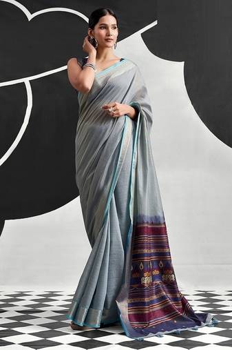 powder blue cotton blend woven pallu casul wear saree