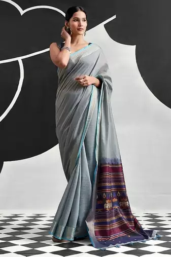 powder blue cotton blend woven pallu casul wear saree