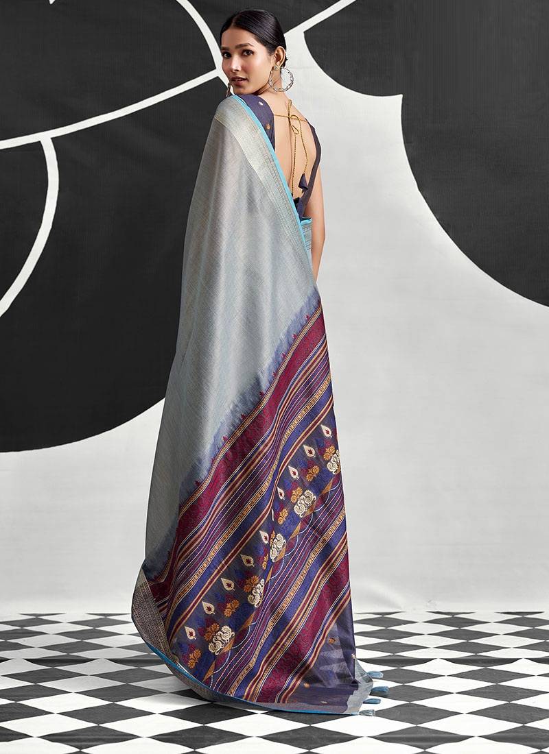 powder blue cotton blend woven pallu casul wear saree