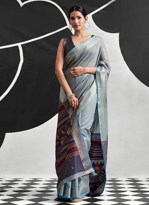 powder blue cotton blend woven pallu casul wear saree 3