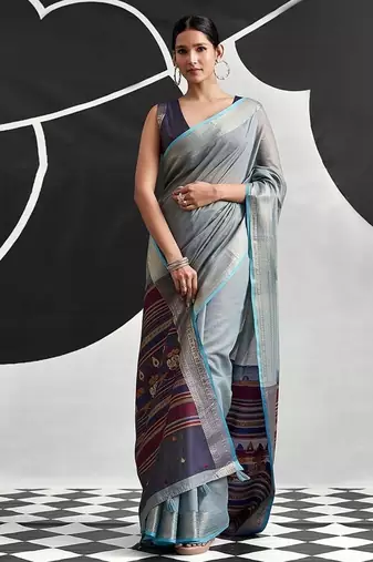 powder blue cotton blend woven pallu casul wear saree